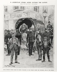 Eine Gilbertianische Streikszene vor dem Savoy, 1910